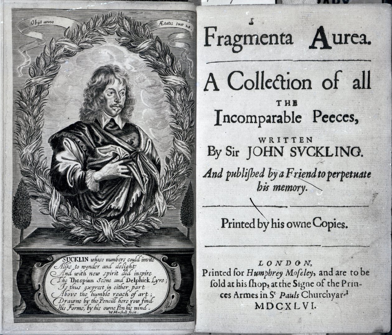 Frontispice de Fragmenta Aurea, une collection de toutes les pièces incomparables écrites par Sir John Suckling, publiée en 1646 - English School