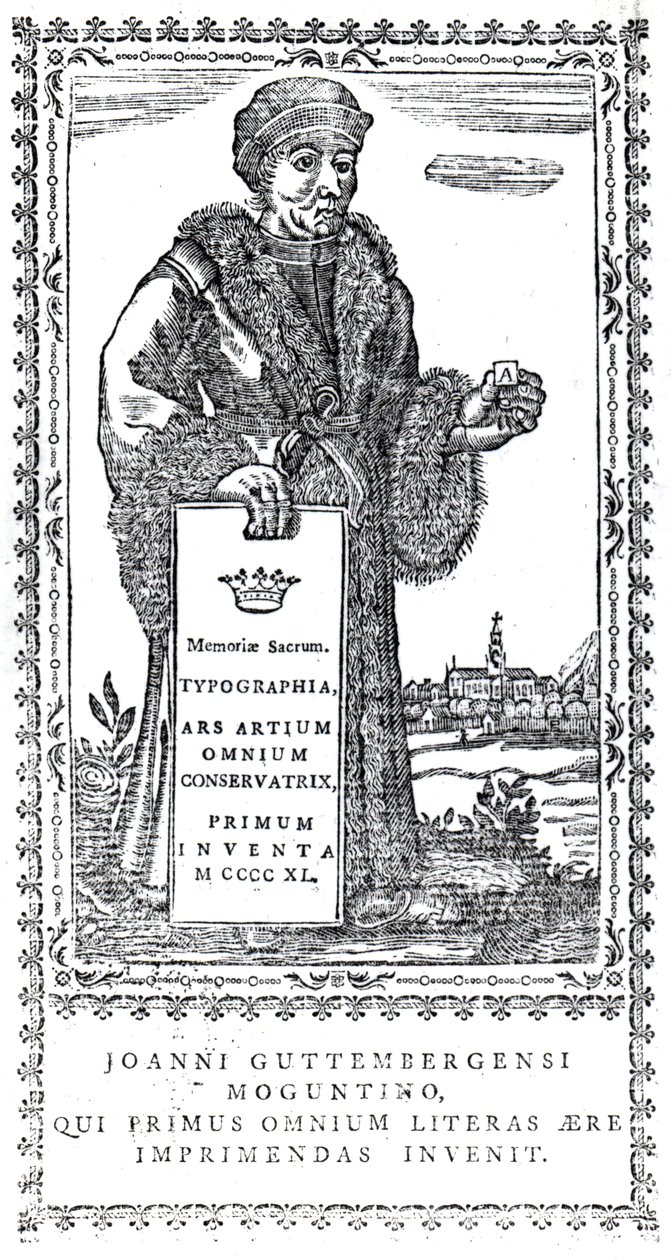 Frontispice de Johannes Gutenberg de A Concise History of the Origin and Progress of Printing par Philip Luckombe, publié en 1770 - English School