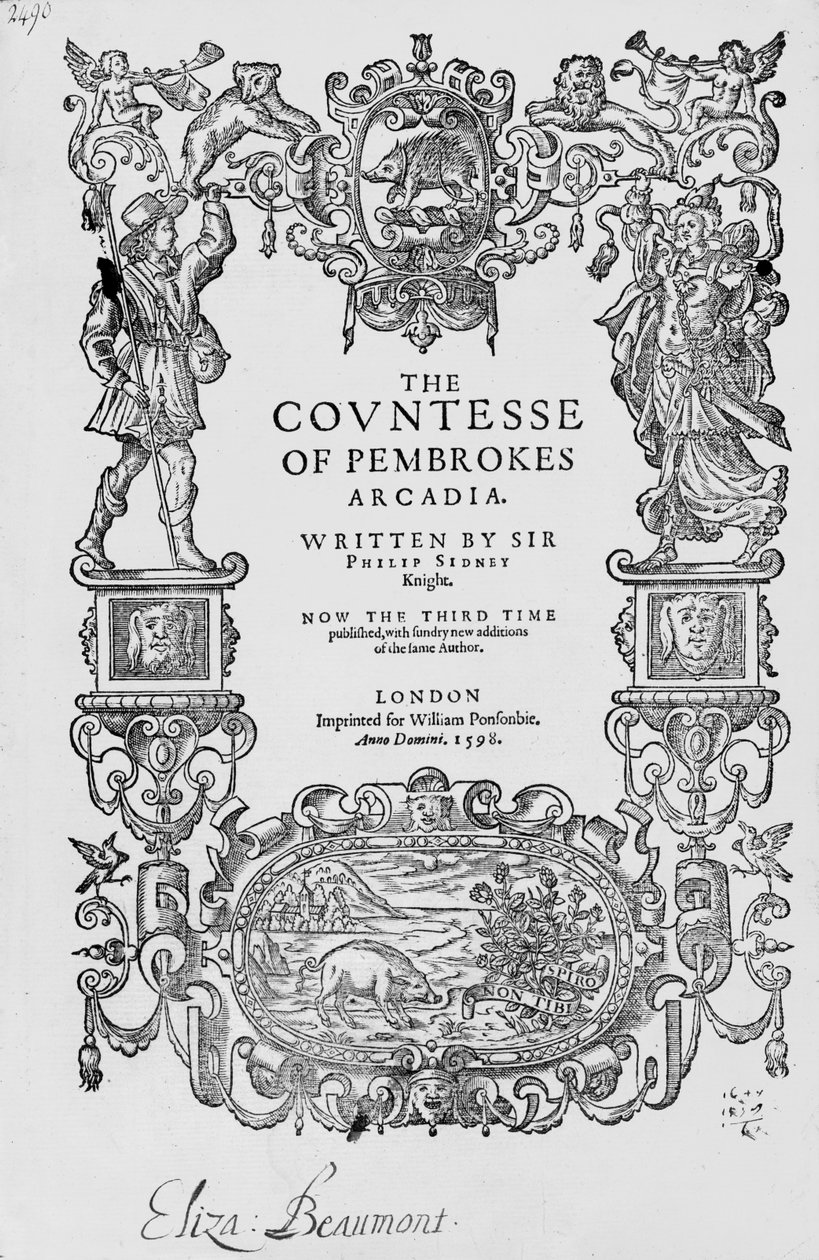 Frontispice de The Countess of Pembrokes Arcadia, 1592, par Sir Philip Sidney (1554-86), Troisième édition, pub.1598 - English School