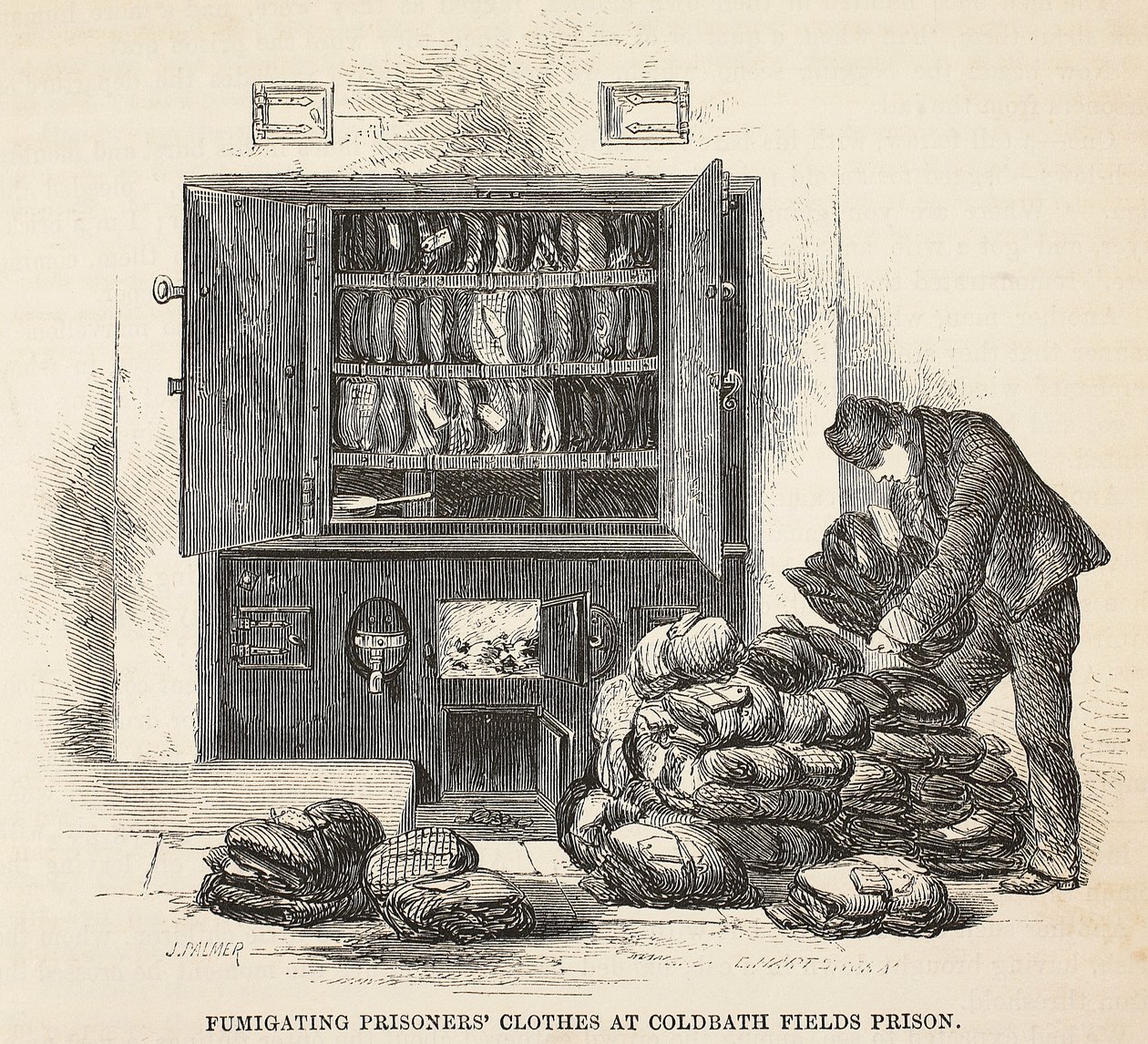 Désinfection des vêtements des prisonniers à la prison de Coldbath Fields, illustration de The Criminal Prisons of London and Scenes from Prison Life par Henry Mayhew et John Binny, pub. 1862 - English School
