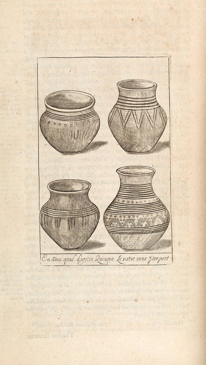 Urnes funéraires, illustration de Works par Thomas Brown, Londres 1686 - English School