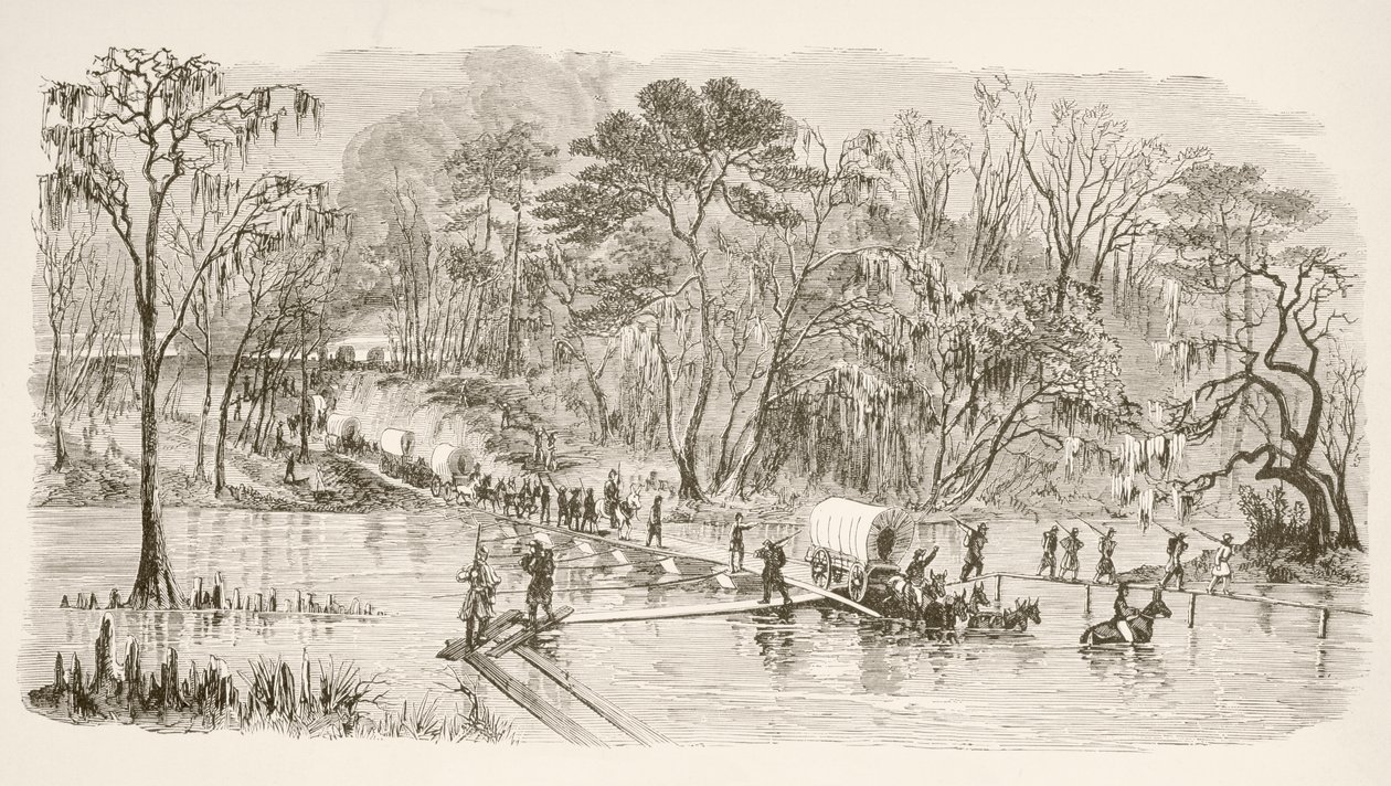 Les troupes du général Sherman traversant la rivière Edisto pendant la Marche vers la mer (lithographie) - English School