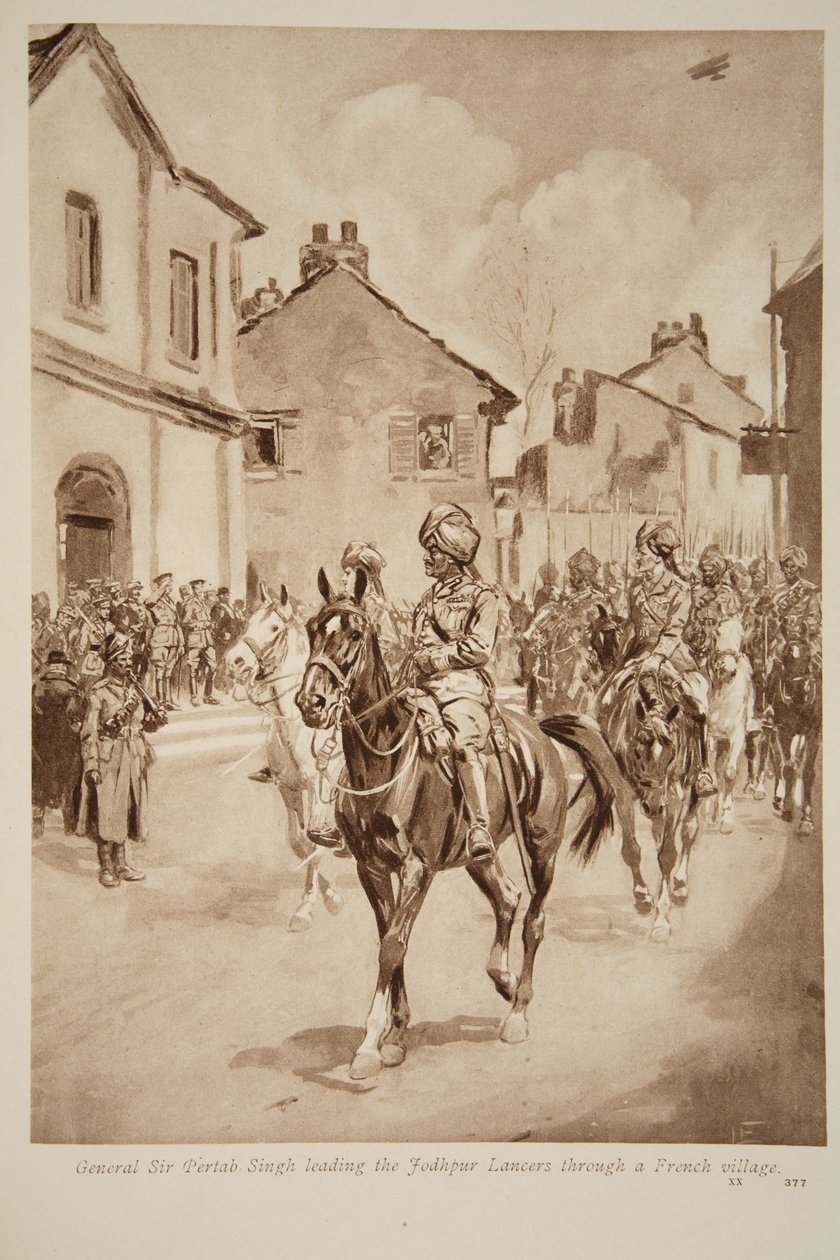 Général Sir Pertab Singh menant les lanciers de Jodhpur à travers un village français, 1914-19 - English School