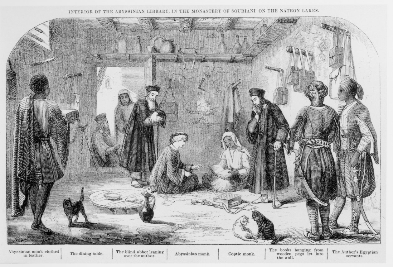 George Curzon (1859-1925) inspectant des livres à la bibliothèque abyssinienne du monastère de Souriani, de Visits to Monasteries in the Levant, publié en 1849 - English School
