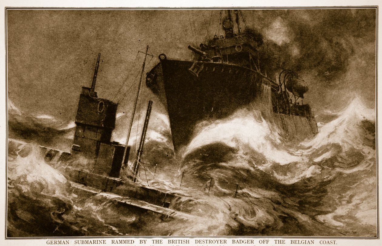 Sous-marin allemand éperonné par le destroyer britannique Badger au large de la côte belge, 1914-19 - English School