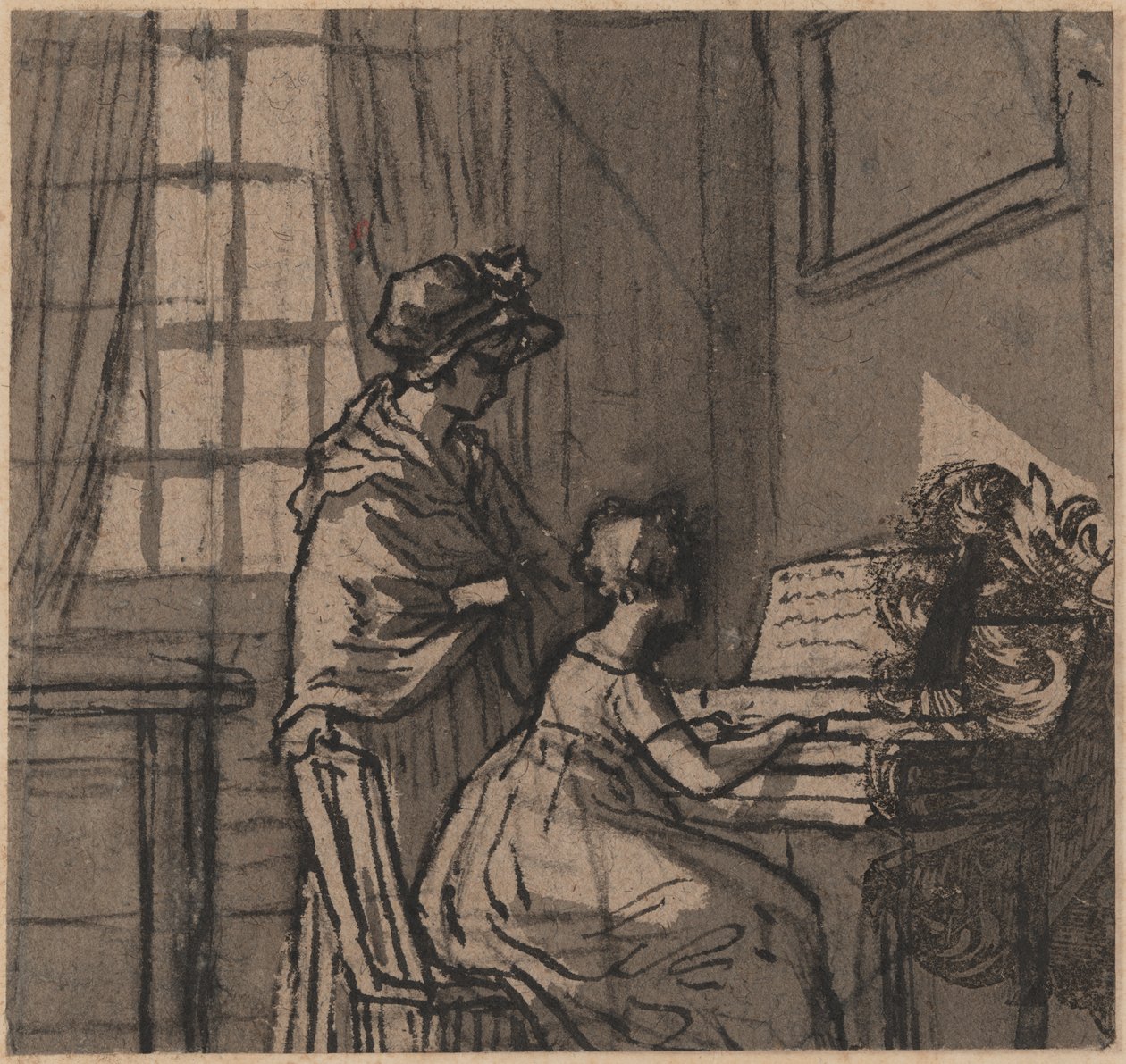 Fille au clavecin, vers 1800 (encre et lavis sur papier) - English School