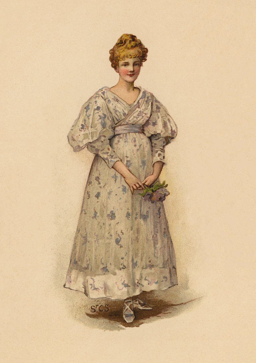 Fille tenant un bouquet de fleurs (chromolitho) - English School