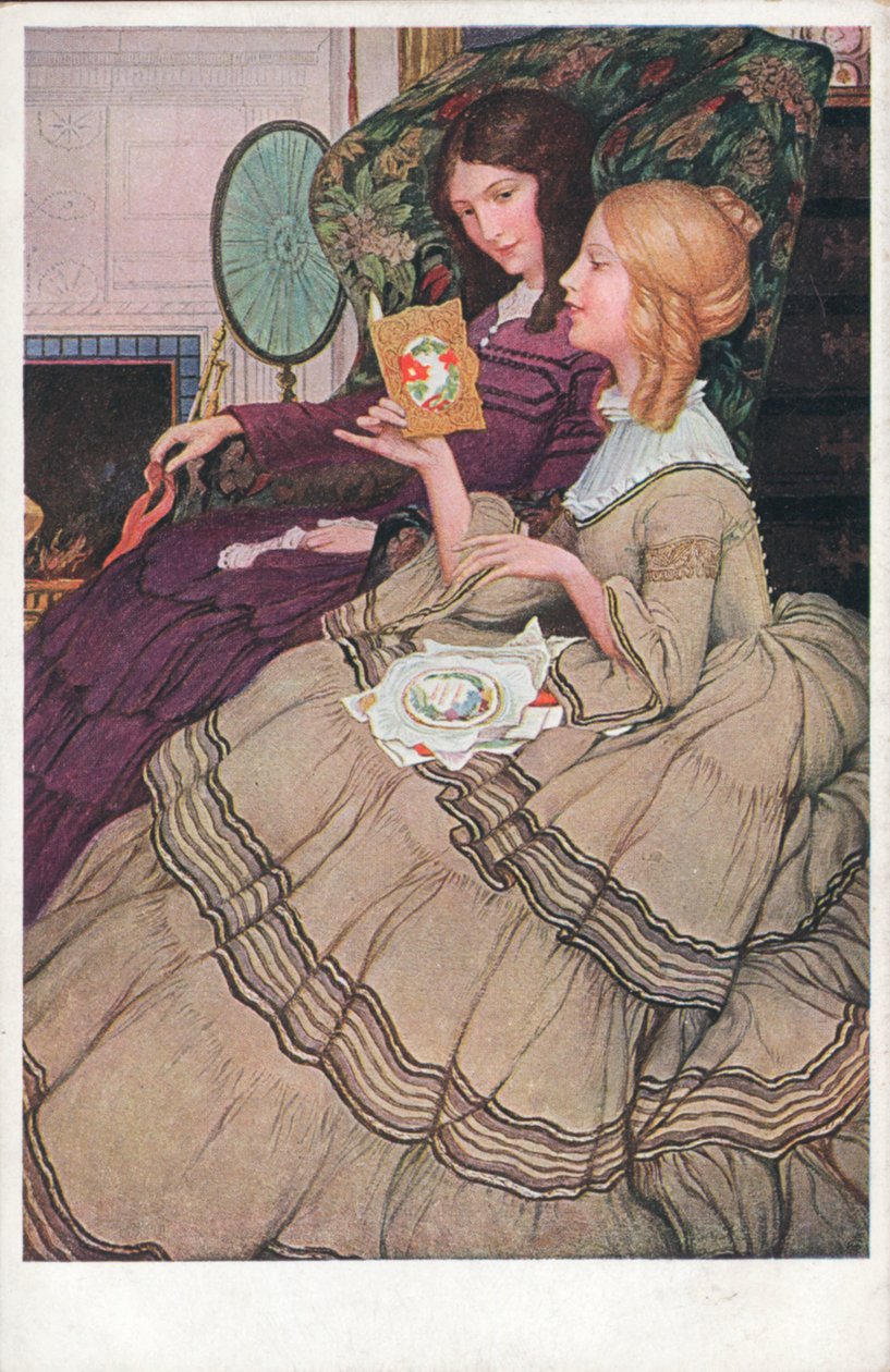 Filles lisant des cartes de Saint-Valentin (lithographie couleur) - English School