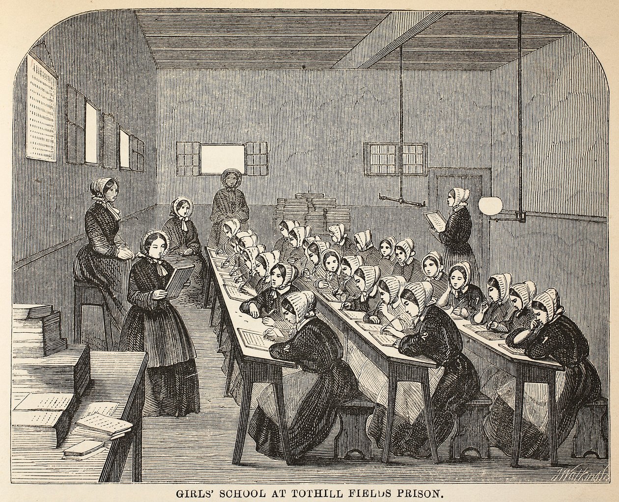 École de filles à la prison de Tothill Fields, illustration de The Criminal Prisons of London and Scenes from Prison Life par Henry Mayhew et John Binny, pub. 1862 - English School