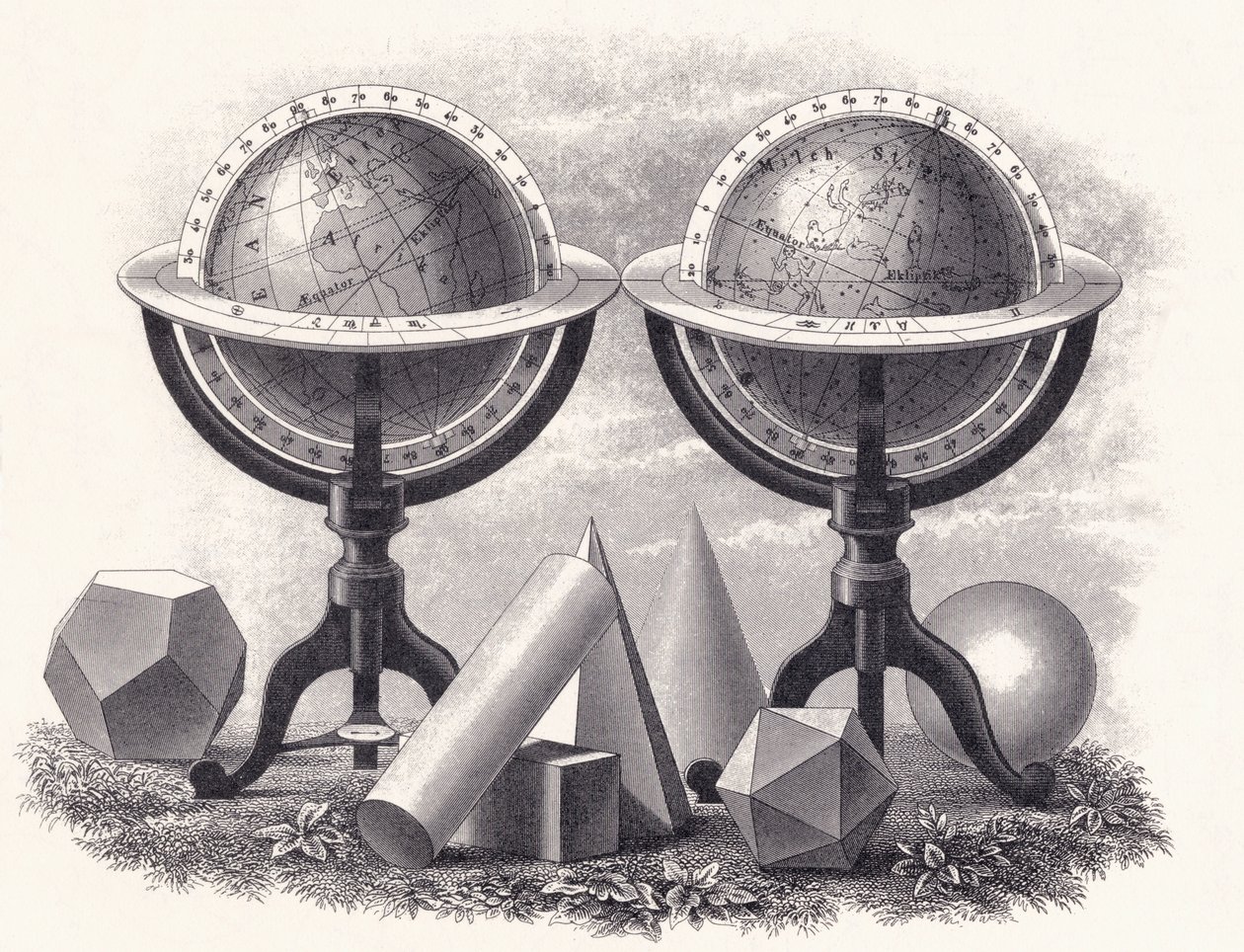 Globes de la Terre et des Cieux avec des formes géométriques - English School