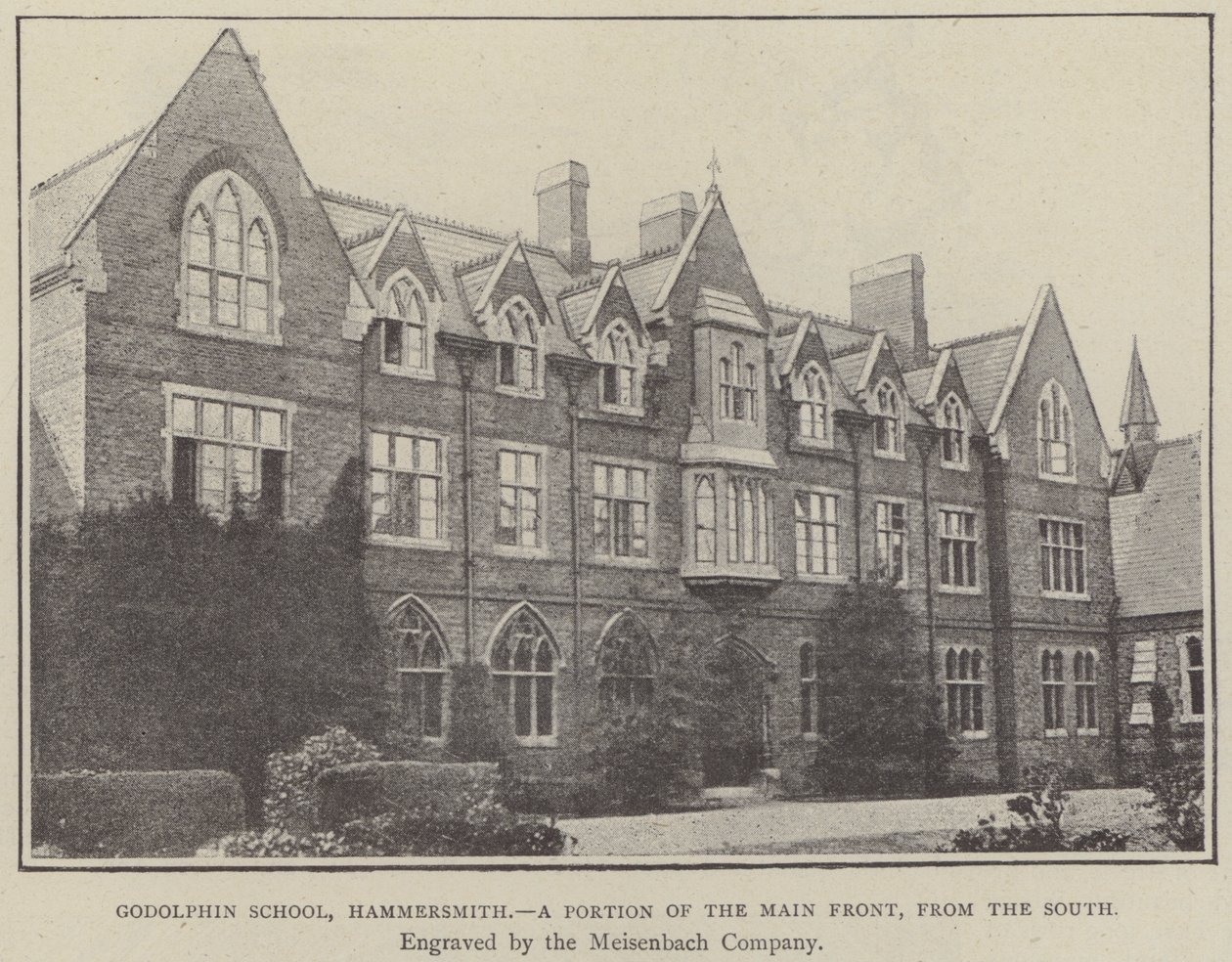 Godolphin School, Hammersmith, une partie de la façade principale, vue du sud (gravure) - English School