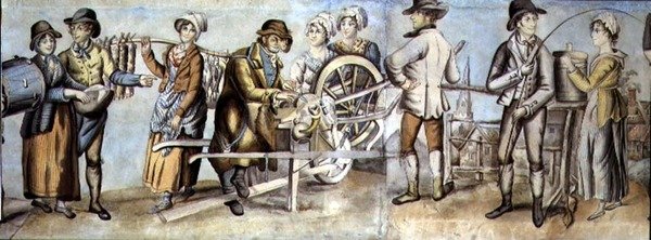 Aller à la foire, détail (affûteur de couteaux et commerçants), vers 1815 (aquarelle et gouache sur papier) - English School