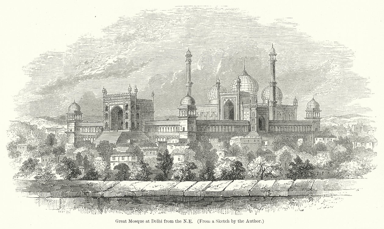 Grande mosquée de Delhi vue du nord-est (gravure) - English School
