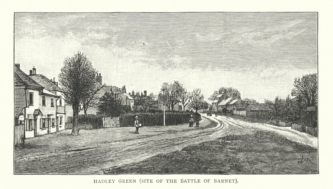 Hadley Green, site de la bataille de Barnet (gravure) - English School