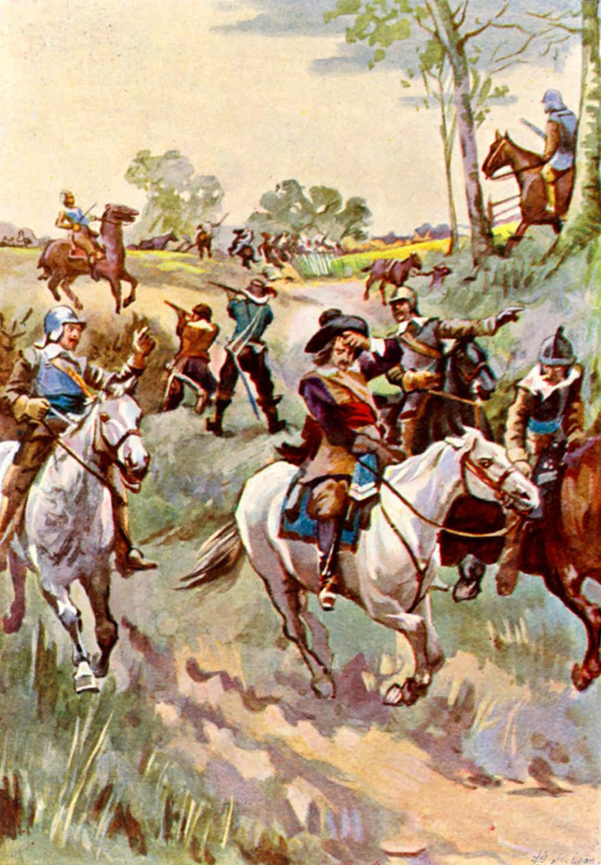 Hampden mortellement blessé à Chalgrove Field (lithographie couleur) - English School