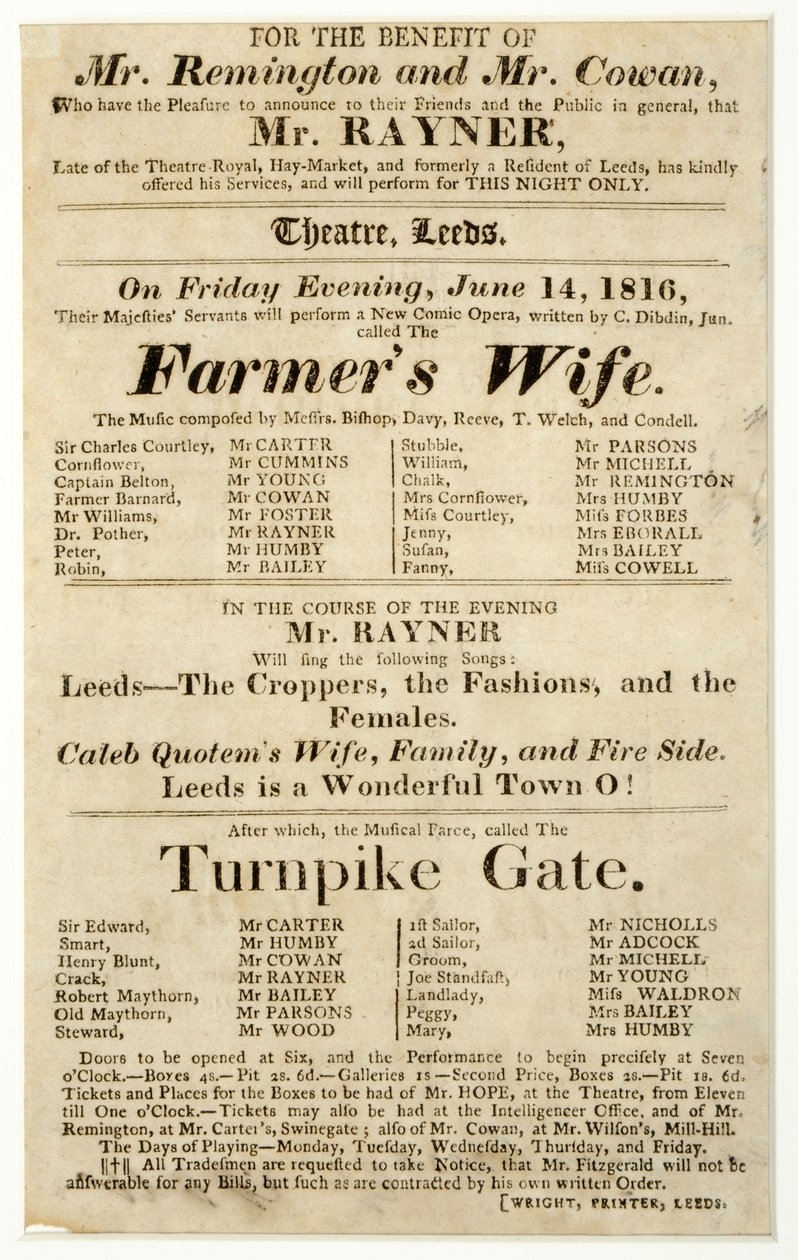 Affiche publicitaire pour une représentation unique de M. Rayner dans "La Femme du Fermier" et "Turnpike Gate" au Théâtre de Leeds - English School