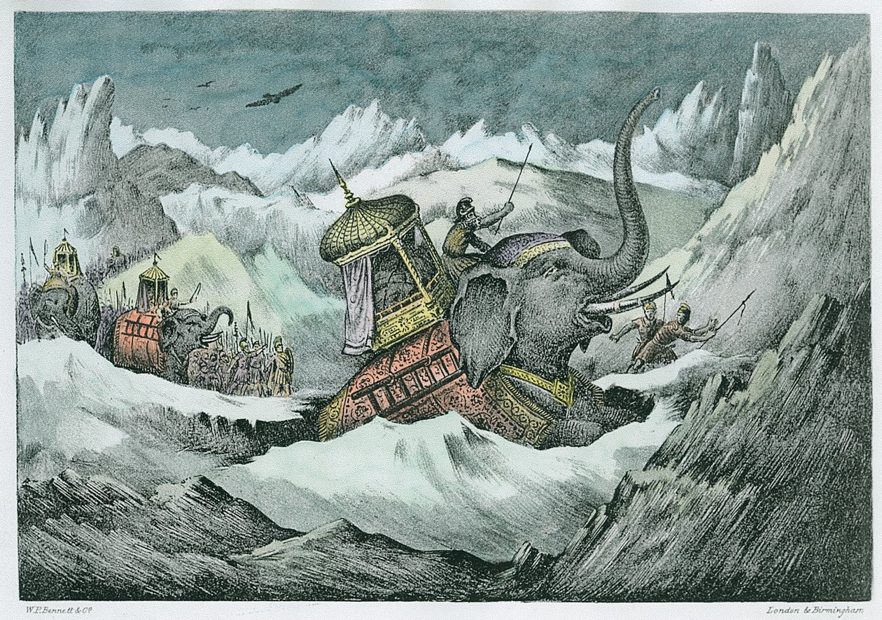 Hannibal (247-c.183 av. J.-C.) et ses éléphants de guerre traversant les Alpes (coloration ultérieure) - English School
