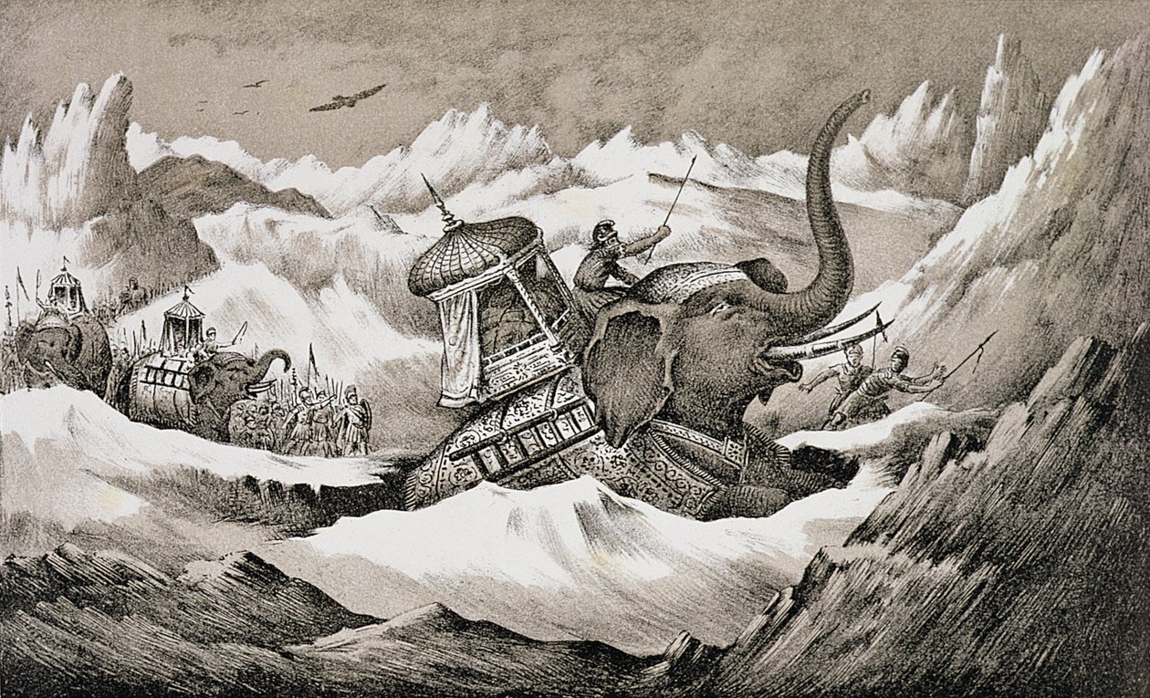 Hannibal (247-c.183 av. J.-C.) et ses éléphants de guerre traversant les Alpes - English School