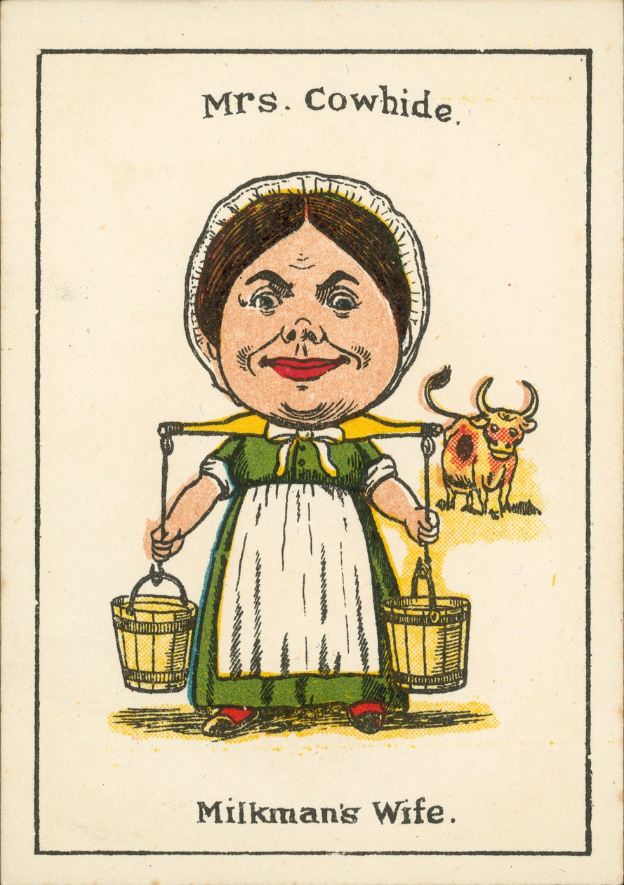 Familles heureuses : Mme Cowhide, la femme du laitier (lithographie couleur) - English School