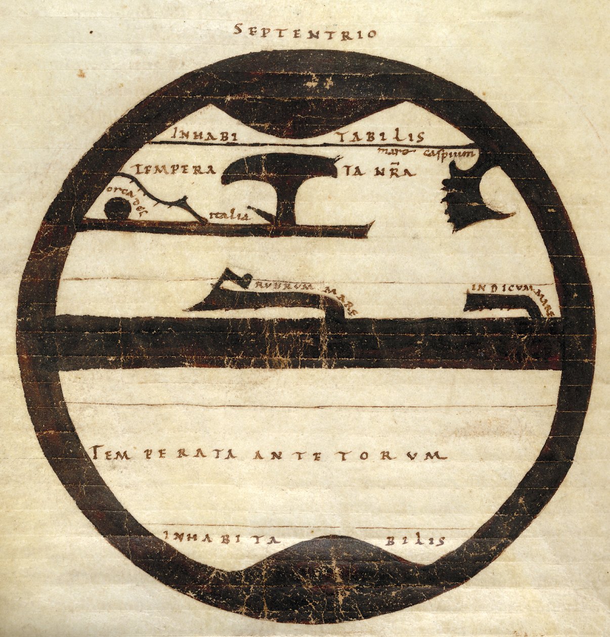 Harley MS 2772 f. 70v, Carte du monde zonale diagrammatique, c.1050 (encre et tempera sur parchemin) - English School