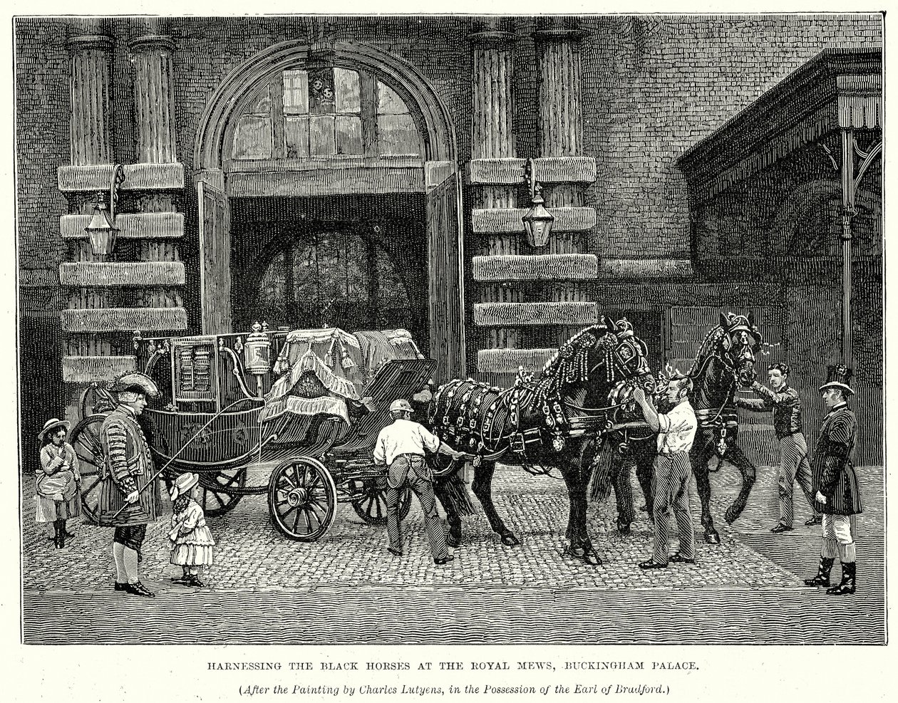 Harnachement des chevaux noirs au Royal Mews, Buckingham Palace (gravure) - English School