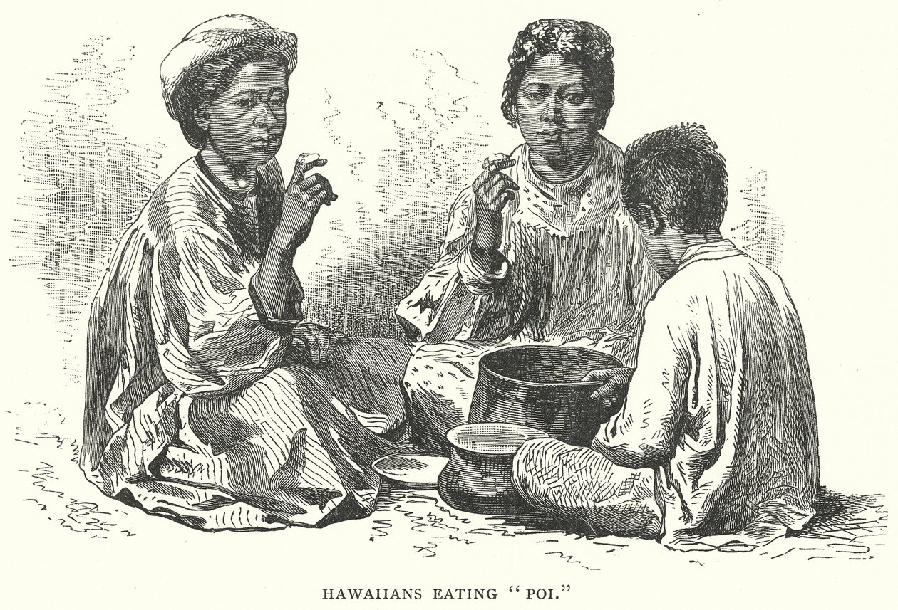 Hawaïens mangeant du "Poi" (gravure) - English School