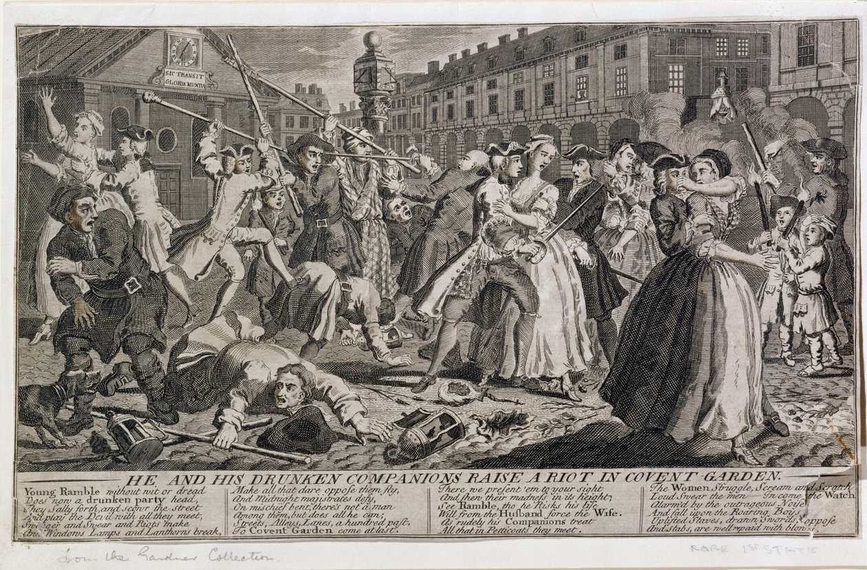 Lui et ses compagnons ivres provoquent une émeute à Covent Garden, 1735 - English School