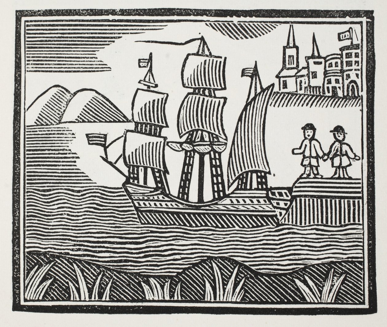 Il prend la mer pour son voyage événementiel, illustration de Chap-books du XVIIIe siècle par John Ashton, pub. 1882 - English School