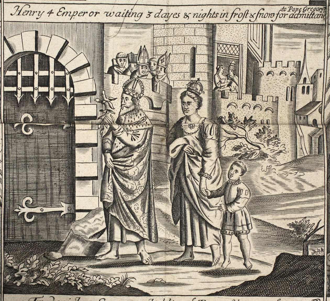 Henri IV empereur attendant 3 jours et nuits dans le gel et la neige pour être admis auprès du pape Grégoire, illustration des Actes et Monuments de John Foxe, neuvième édition, pub. 1684 - English School