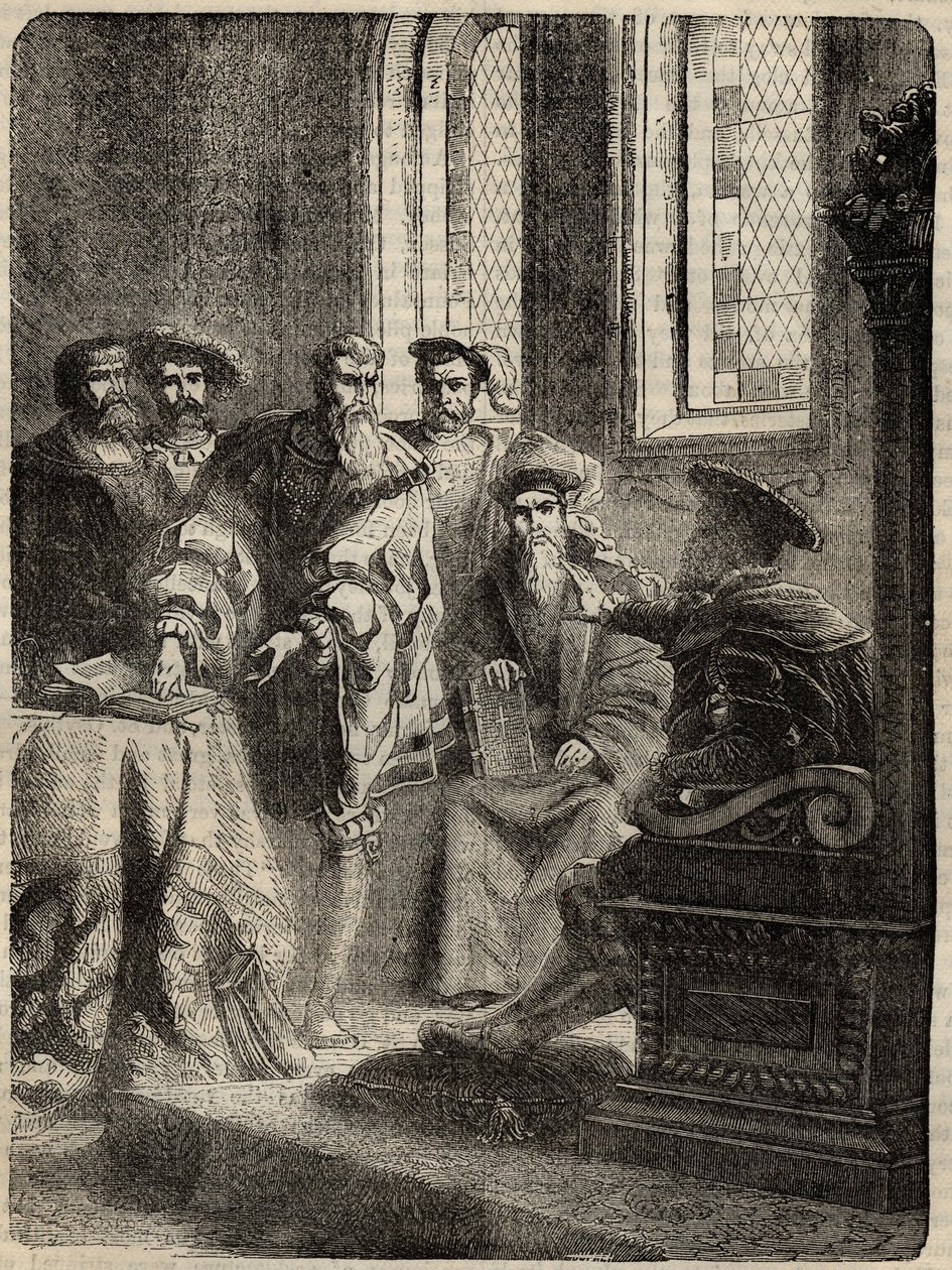 Henri VIII et son Conseil ordonnant la traduction de la Bible en anglais - 1538 - gravure de "Histoire de l