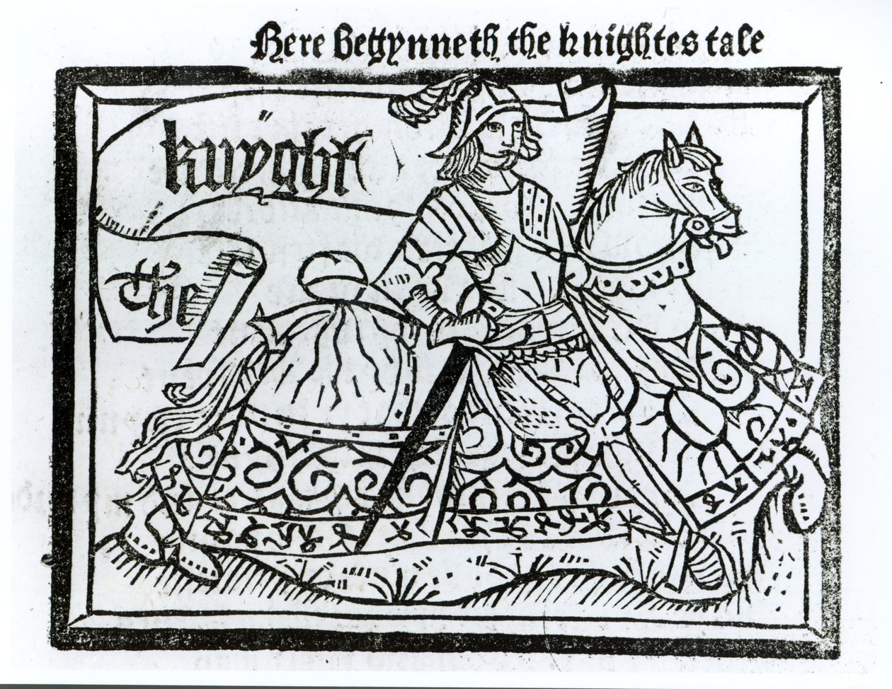 Ici commence le Conte du Chevalier, illustration des Contes de Canterbury de Geoffrey Chaucer (c.1345-1400) imprimé par William Caxton (c.1422-91) 1434 - English School