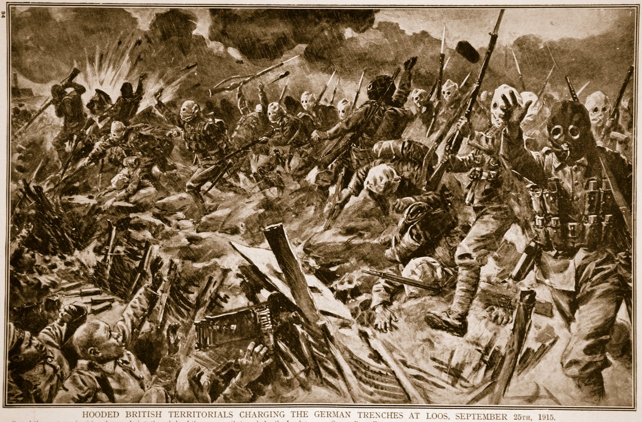 Territoriaux britanniques cagoulés chargeant les tranchées allemandes à Loos, 25 septembre 1915, 1914-19 - English School