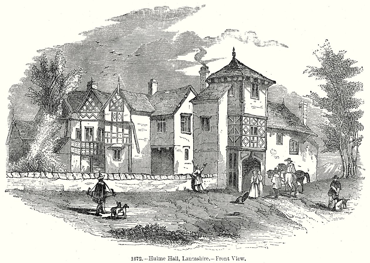 Hulme Hall, Laneashire. - Vue de face (gravure) - English School