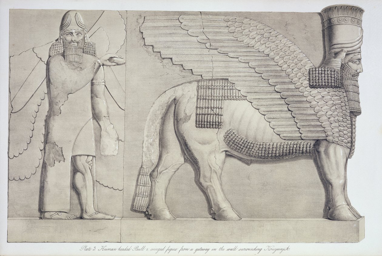 Taureau à tête humaine et figure ailée d