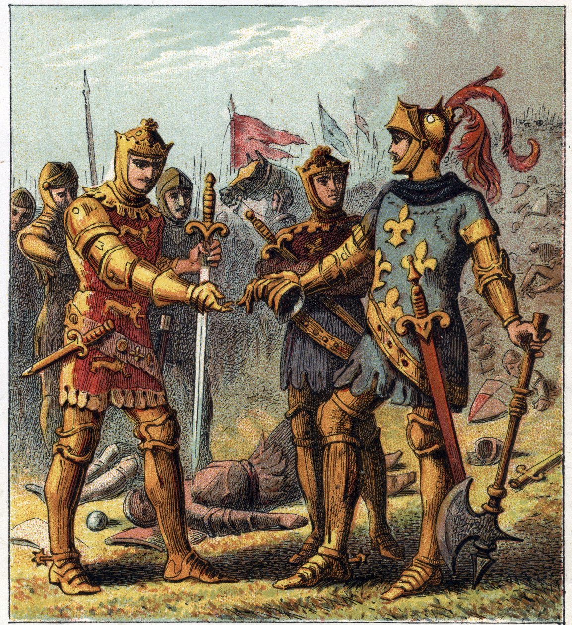 Guerre de Cent Ans : bataille de Poitiers (1356). Le roi de France Jean II le Bon reconnut sa défaite et se rendit à Édouard Plantagenêt d