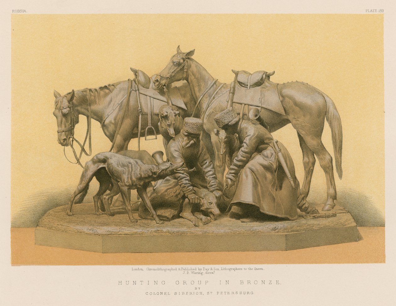 Groupe de chasse en bronze du colonel Siberich, Saint-Pétersbourg (chromolitho) - English School