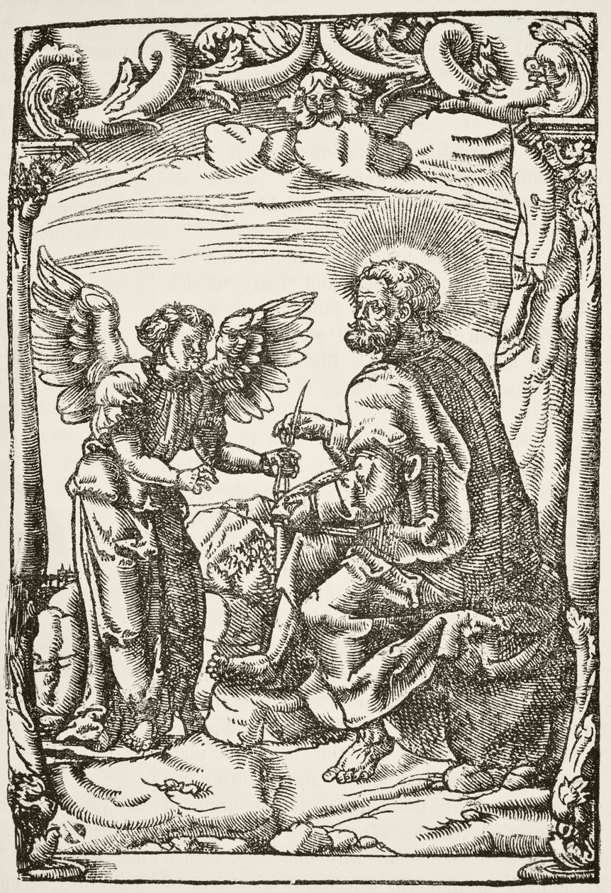 Illustration du début de la première traduction anglaise du Nouveau Testament par Tyndale, publiée à Cologne en 1525, tirée de The National and Domestic History of England par William Hickman Smith Aubrey - English School