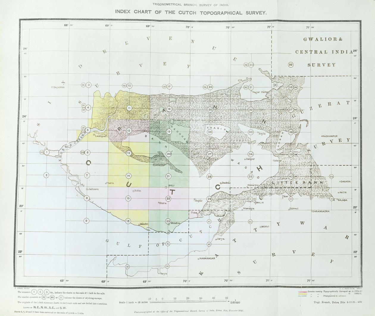Carte index du relevé topographique de Cutch par la branche trigonométrique, Survey of India, Dehra Dun, novembre 1881 - English School