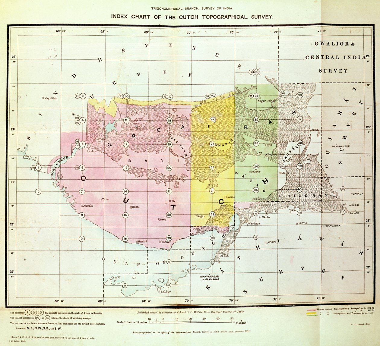 Carte index du relevé topographique de Cutch par la branche trigonométrique, Survey of India, Dehra Dun, novembre 1884 - English School