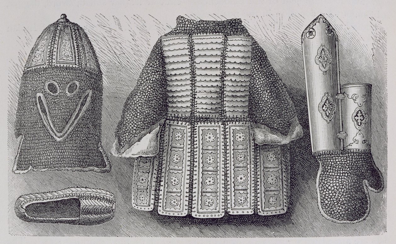 Panoplie indienne composée de casque, tunique, gantelets et chaussures de Bhuj, de L