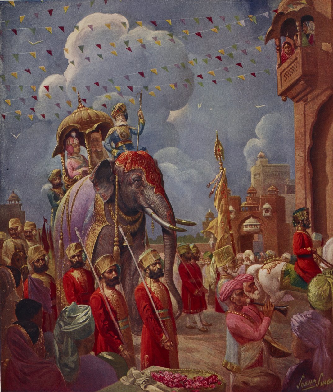 Procession indienne avec éléphant, peinture de Sobha Singh, du supplément indien de l