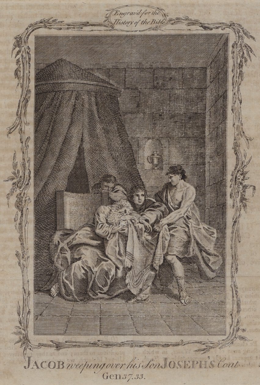 Jacob pleurant sur le manteau de son fils Joseph (gravure) - English School