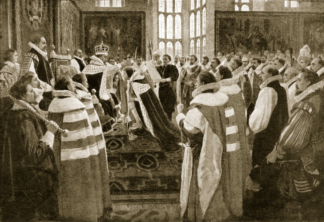 Jacques Ier investit son fils Charles comme prince de Galles, 1616, illustration de Hutchinsons Story of the British Nation, c.1923 - English School