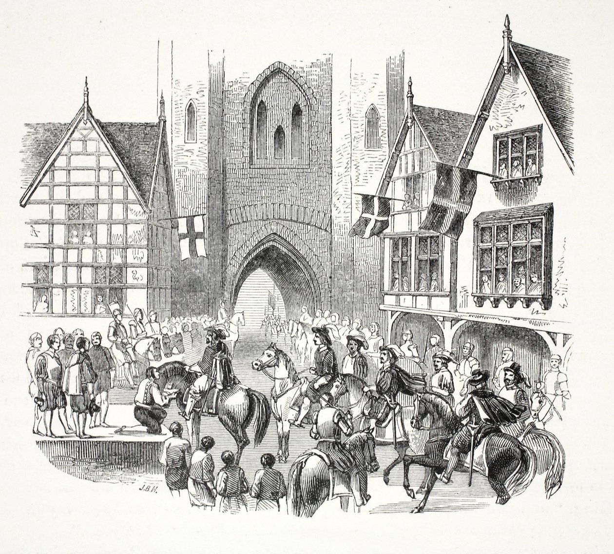 Entrée de Jacques Ier dans la ville de Chester, publié au 19ème siècle (gravure sur acier) - English School