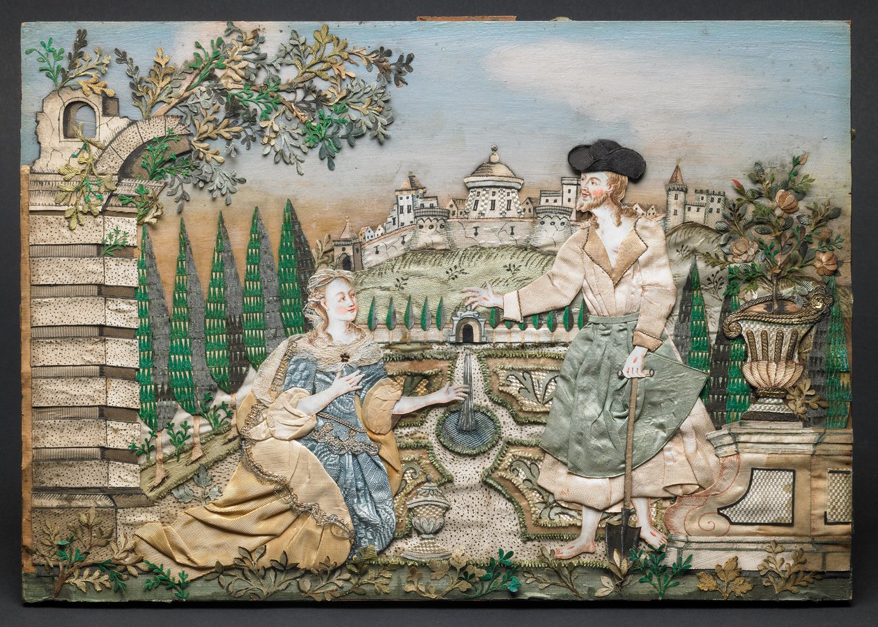 Jésus apparaît à Marie Madeleine (soie, papier, fil, paillettes, garnitures métalliques, encre et aquarelle sur bois) - English School