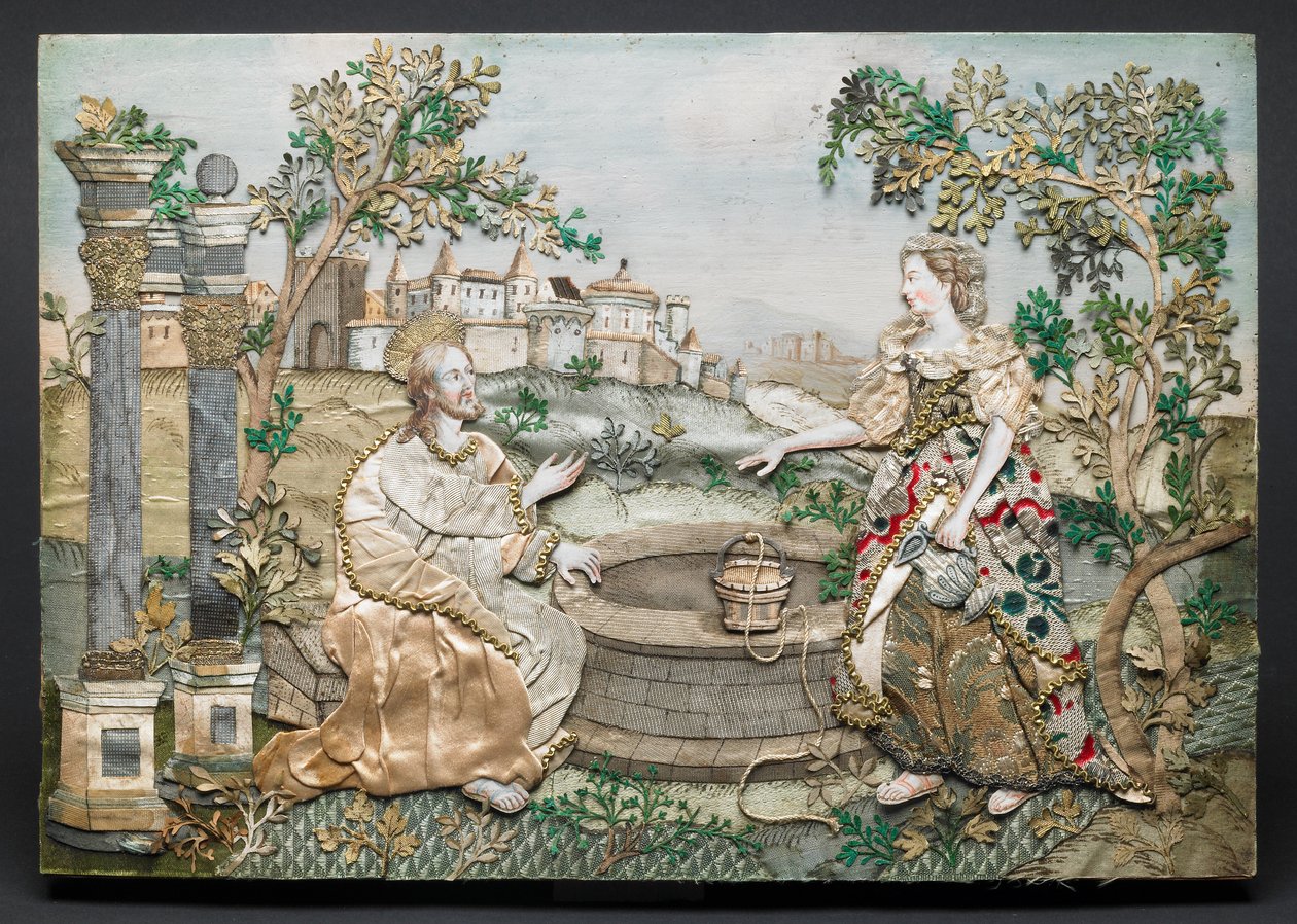 Jésus avec la femme de Samarie (soie, papier, fil, paillettes, garnitures métalliques, encre et aquarelle sur bois) - English School