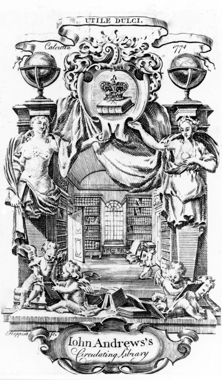 Ex-libris de la bibliothèque circulante de John Andrews par Joseph Shepperd, publié à Calcutta, 1774 - English School