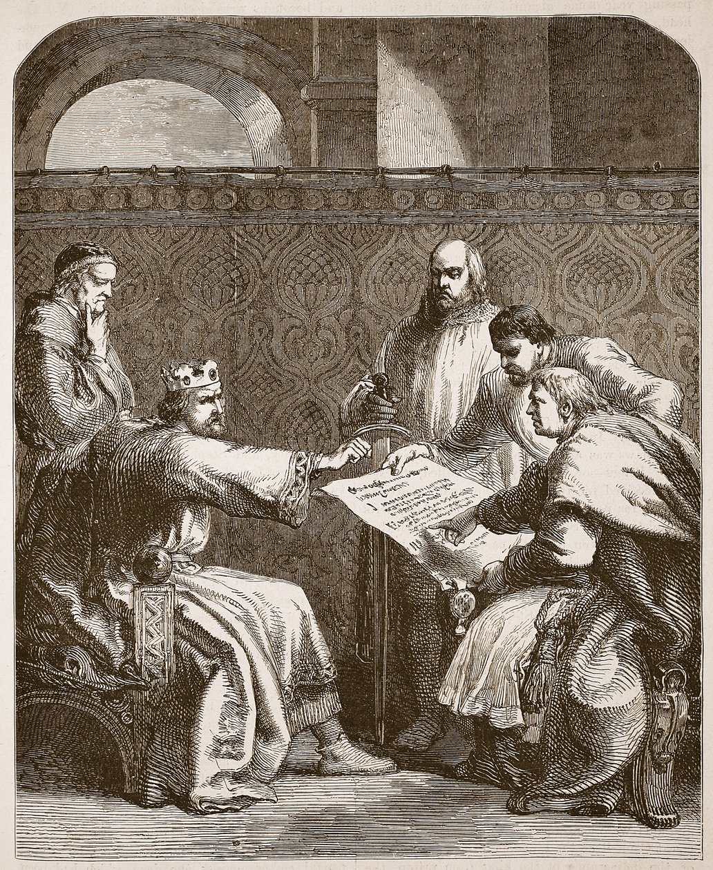 Jean refusant de signer les articles des barons, illustration de Cassells Illustrated History of England - English School