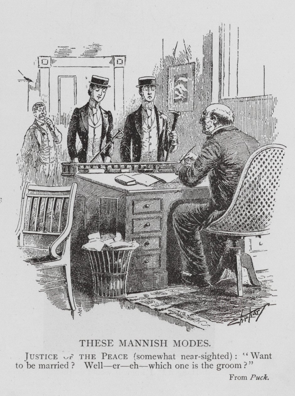 Le juge de paix a du mal à distinguer la mariée du marié en raison de la mode masculine (gravure). - English School