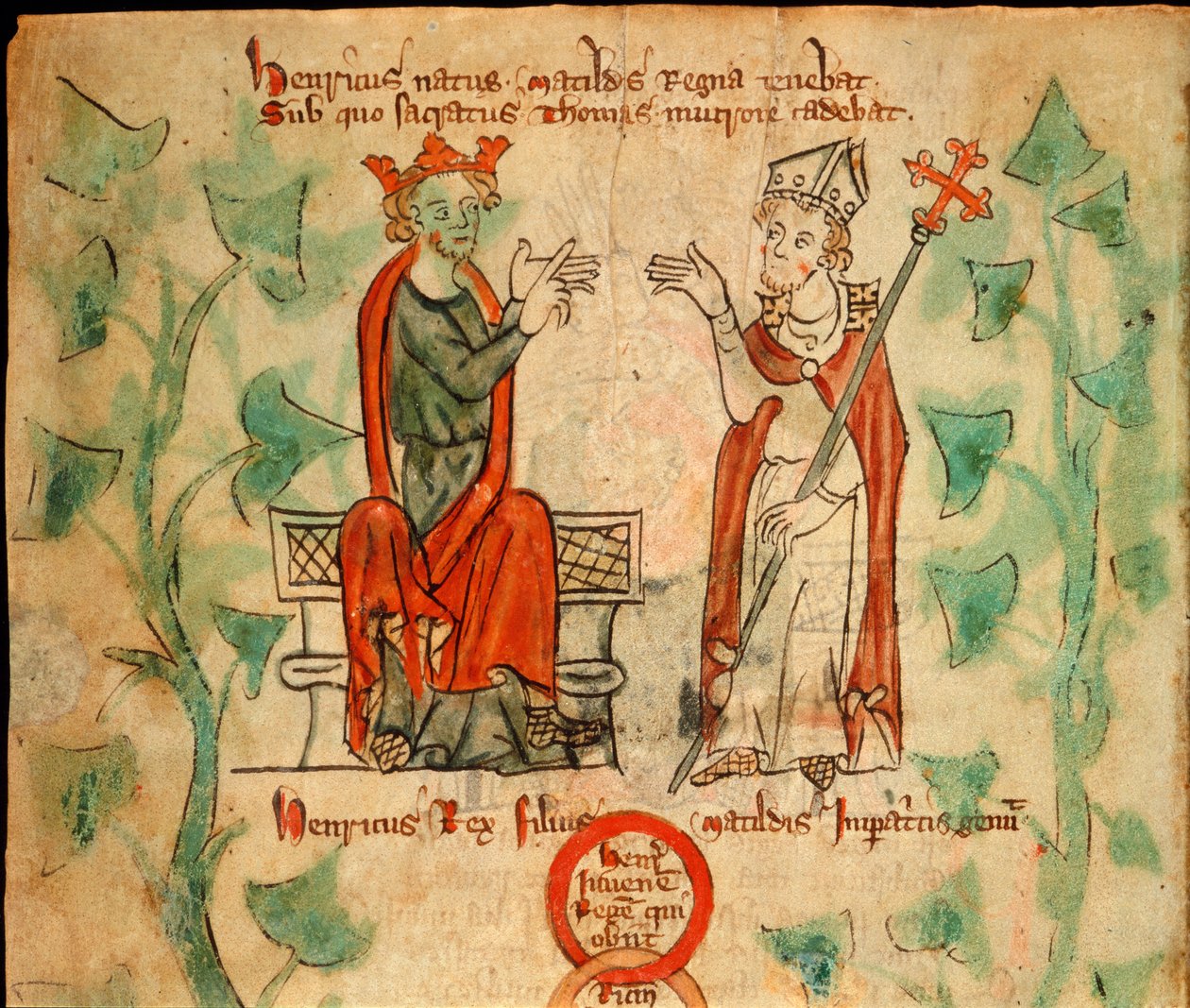 Le roi Henri II assis sur le trône, discutant avec Thomas Becket, illustration de la 